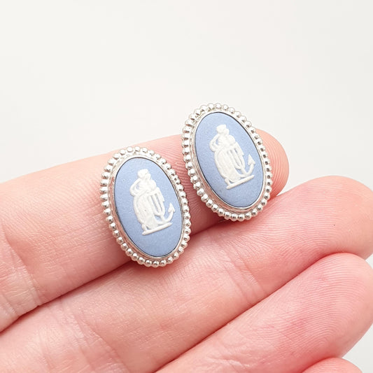 Vintage Sterling Silver Wedgwood Earrings Genuine Blue Jasperware Clip On 925 Josiah Womens Ladies Jewelry Jewellery Retro Oval