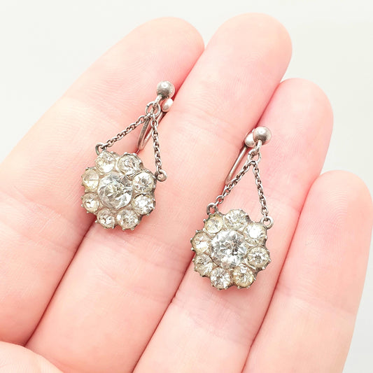 Antique Victorian Solid Silver Diamond Paste Earrings Chandelier Cluster Dangling Drop Foiled Hanging Cluster Vintage Jewelry Jewellery