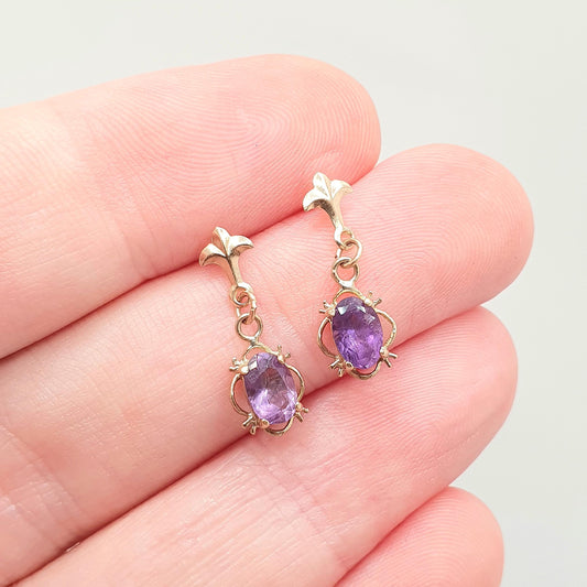 Vintage 9k 9ct Gold Amethyst Earrings Oval Cut Stud Hanging Drop Solid 375 Pink Purple Gemstone Ladies Womens Girls Jewelry Jewellery Retro
