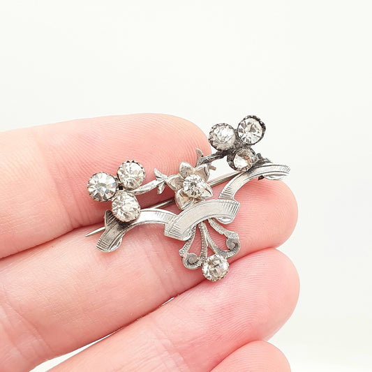 Antique Victorian Solid Silver Diamond Paste Brooch Art Nouveau Pin Scroll Old Cut Solid Backed 1800s Sparkly Vintage Jewellery Jewelry