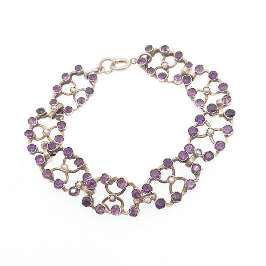 Antique Victorian Solid Silver Amethyst Bracelet Seed Pearl Links Natural Gemstone Fine Quartz Estate 1800s Vintage Womens Jewelry Jewellery