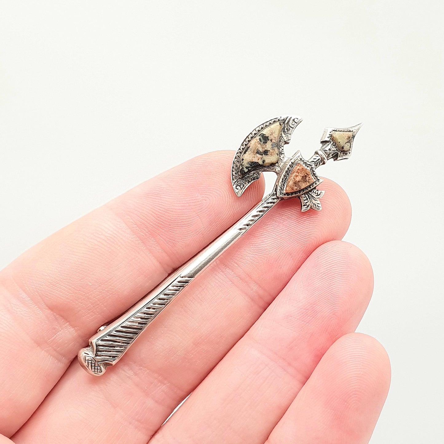 Antique Victorian Solid Silver Scottish Axe Brooch Aberdeenshire Granite Lozenge Kite Mark Pike Pin Rare Vintage 1800s Jewelry Jewellery