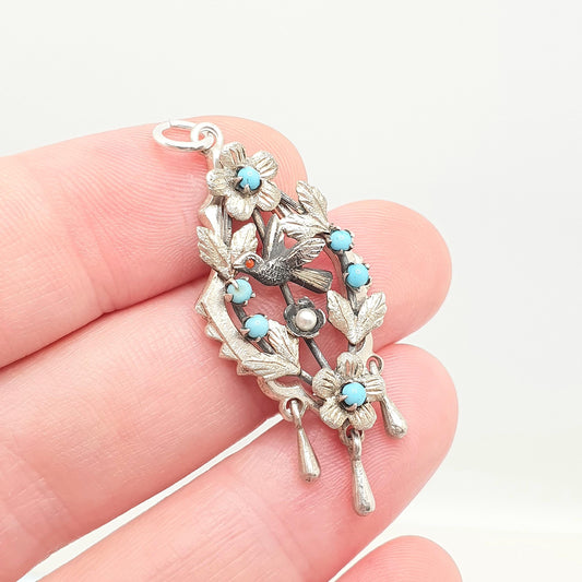 Antique Sterling Silver Bird Pendant Necklace Faux Turquoise Seed Pearl Songbird Sweetheart Tassel 925 Vintage Womens Jewellery Jewelry