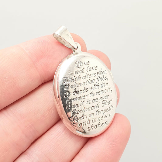 Vintage Sterling Silver Locket Necklace Pendant Poem Sonnet 116 William Shakespeare Love is Not Love Embossed Solid 925 Jewellery Jewelry