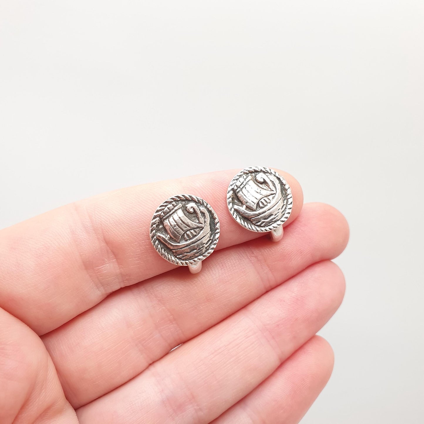 Old Vintage Sterling Silver Scottish Earrings Iona Viking Longship Celtic Gaelic Clip On Hallmarked Circle Round 1950s Jewelry Jewellery