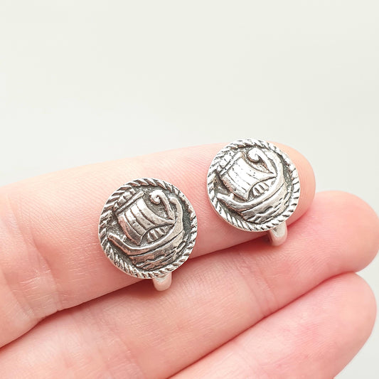 Old Vintage Sterling Silver Scottish Earrings Iona Viking Longship Celtic Gaelic Clip On Hallmarked Circle Round 1950s Jewelry Jewellery