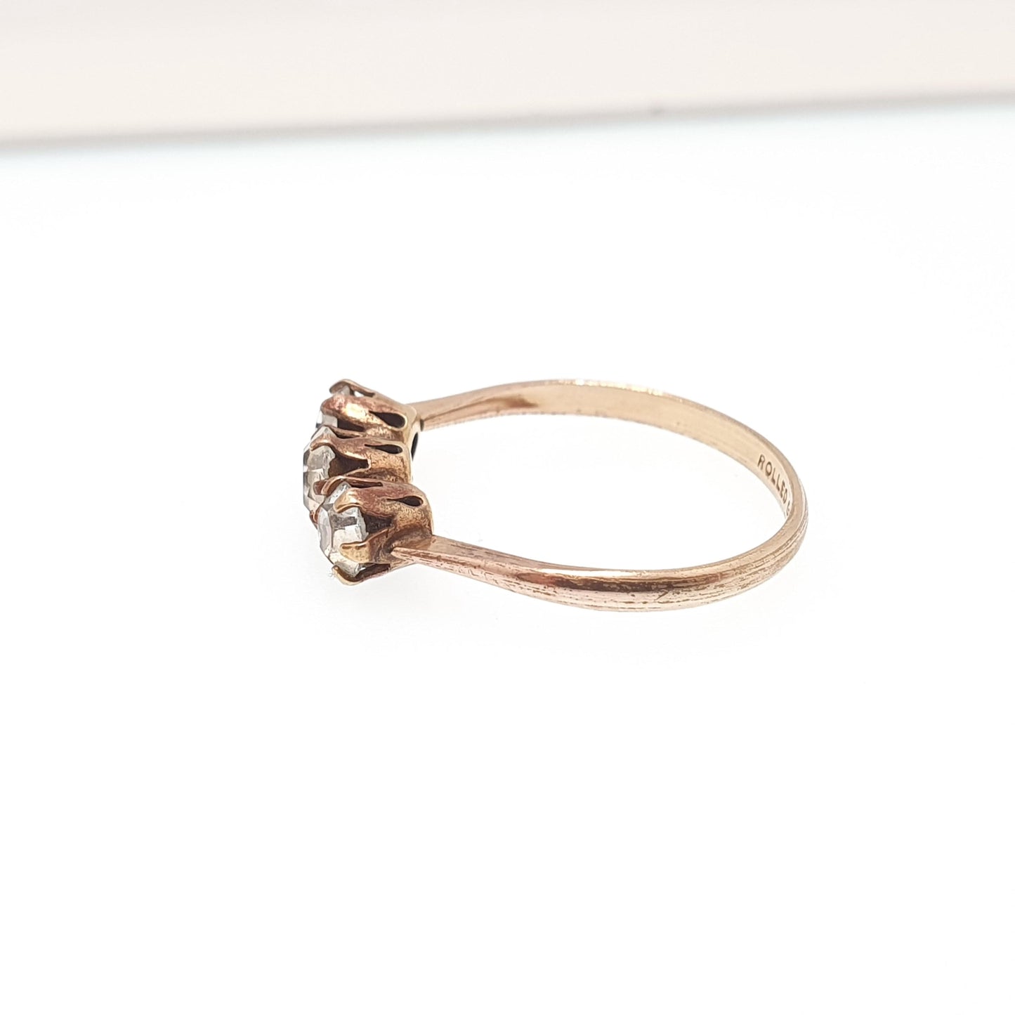 Antique Diamond Paste Rolled Gold Ring Trilogy Victorian Three Stone Tri Filled Old Cut Foiled Glass Vintage Ladies Womens Jewelry Jewellery