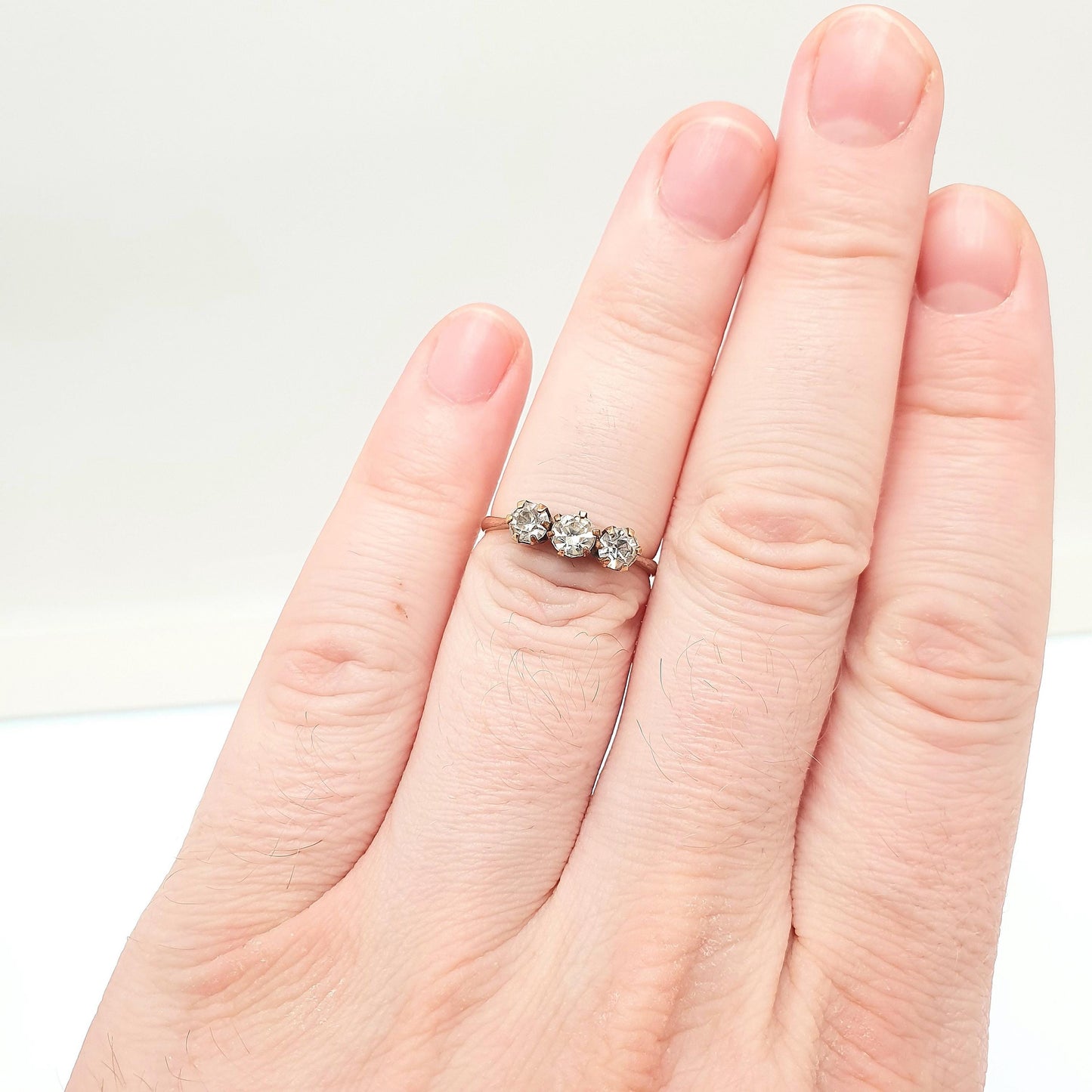 Antique Diamond Paste Rolled Gold Ring Trilogy Victorian Three Stone Tri Filled Old Cut Foiled Glass Vintage Ladies Womens Jewelry Jewellery