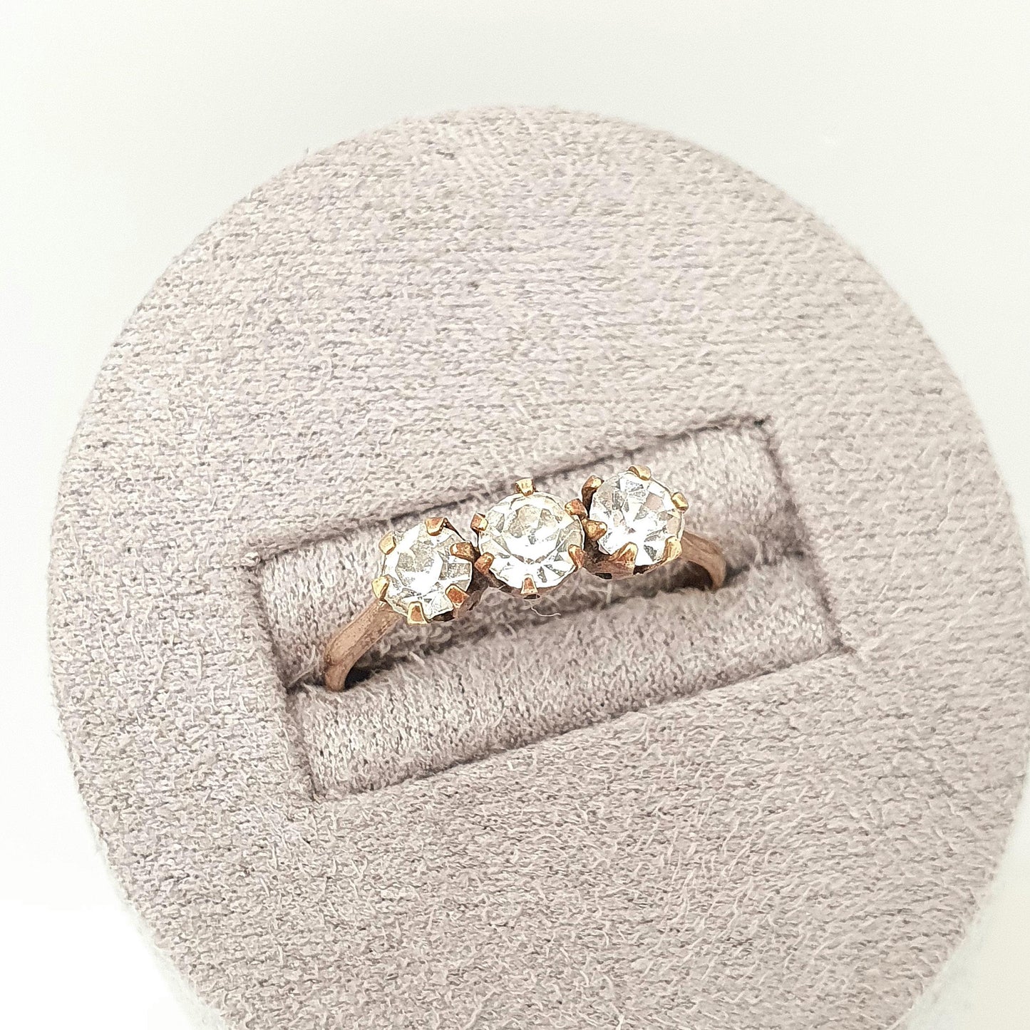 Antique Diamond Paste Rolled Gold Ring Trilogy Victorian Three Stone Tri Filled Old Cut Foiled Glass Vintage Ladies Womens Jewelry Jewellery