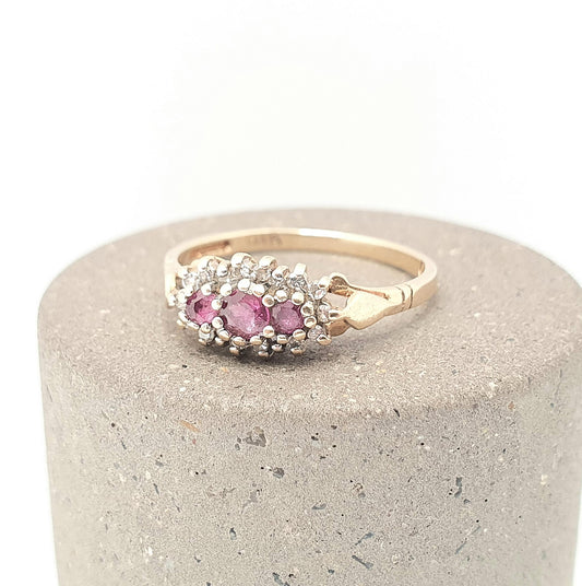 Vintage 9k 9ct Gold Ruby & Diamond Ring Trilogy Hallmarked Solid 375 9kt Fine Estate Red Gemstone Real Genuine Womens Jewelry Jewellery