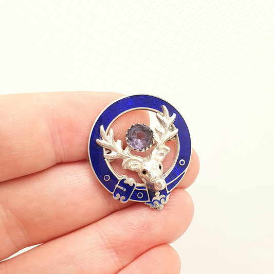 Antique Sterling Silver Stag Brooch Blue Enamel 1915 Hallmark Buckle Amethyst Paste Adie Lovekin Scottish Deer Vintage Jewelry Jewellery