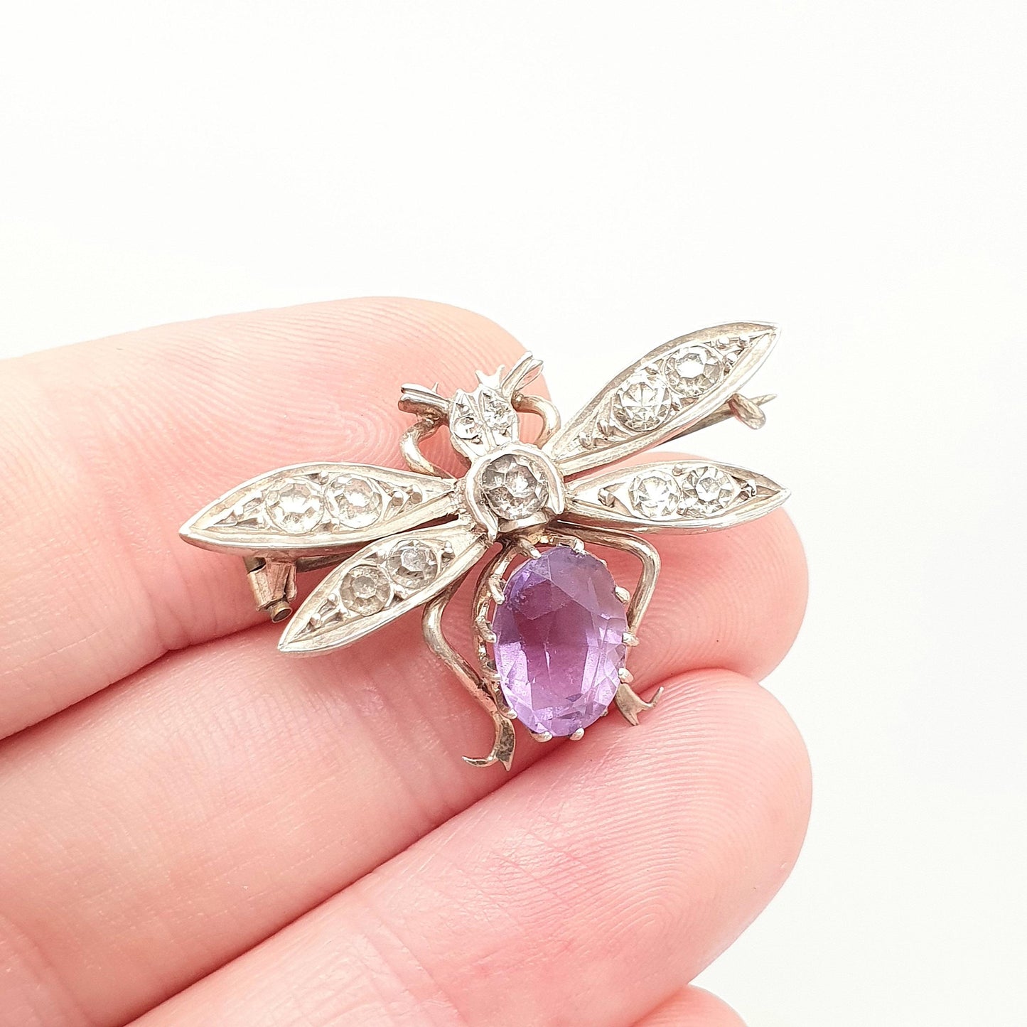 Antique Solid Silver Victorian Amethyst Fly Brooch Diamond Paste Pin Vintage 1800s Bug Insect Wings Gemstone Rare Womens Jewelry Jewellery