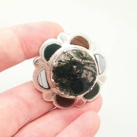 ROBERT ALLISON Vintage Sterling Silver Scottish Brooch Moss Agate Large Pin 1967 Bloodstone Jasper Antique Style Celtic Jewelry Jewellery