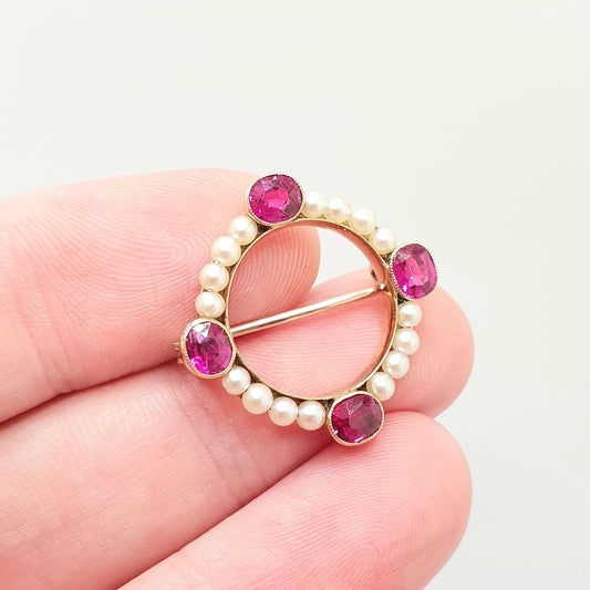 Antique 15ct Gold Ruby Brooch Cultured Pearl Solid 625 15 Carat Edwardian Genuine Gemstone Wreath Cluster Vintage Jewelry Womens Jewellery