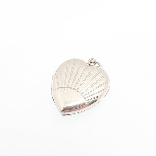 Antique Sterling Silver Heart Locket Sunburst Art Deco Necklace Pendant Engraved 1920s Cute Picture Photo Womens Jewelry Jewellery