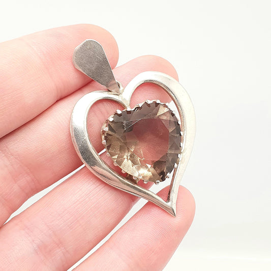 Vintage Solid Silver Smoky Quartz Heart Necklace Pendant Very Large Big Heart Cut Heavy Chunky Ladies Womens Jewelry Jewellery