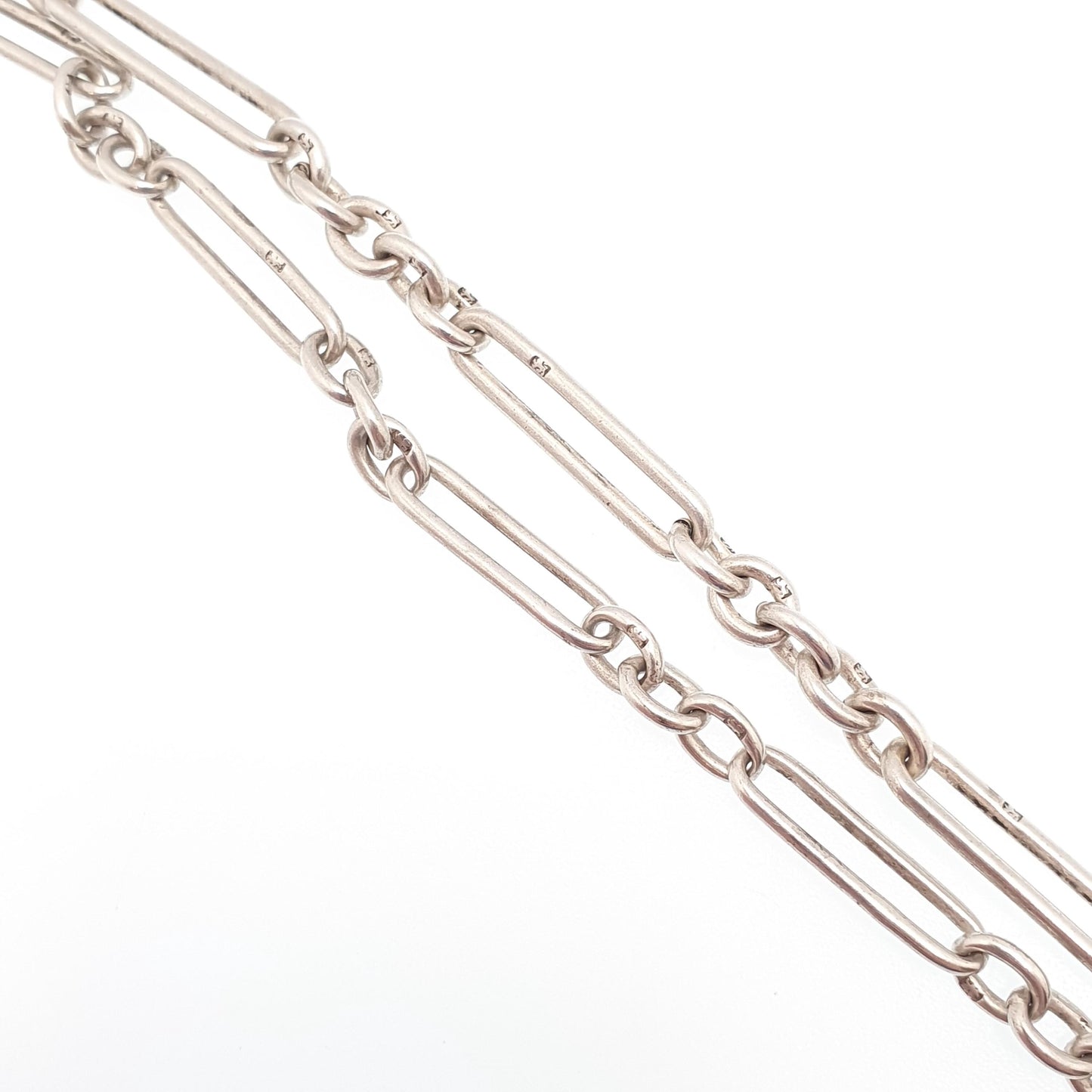 Antique Victorian Sterling Silver Staple Link T Bar Necklace Albert Chain Trombone Churchill Dog Clip 31.86g 56cm Long Old Vintage Jewelry