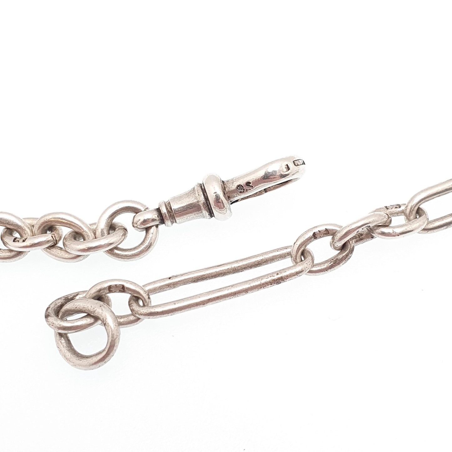 Antique Victorian Sterling Silver Staple Link T Bar Necklace Albert Chain Trombone Churchill Dog Clip 31.86g 56cm Long Old Vintage Jewelry