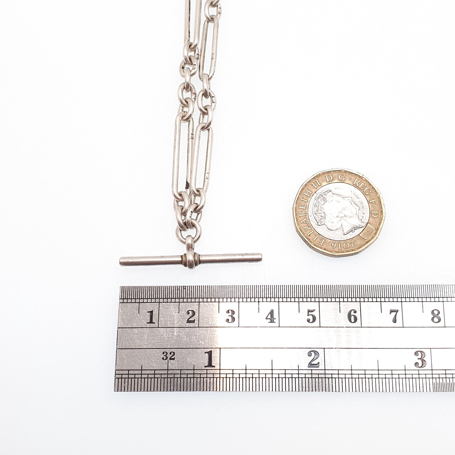 Antique Victorian Sterling Silver Staple Link T Bar Necklace Albert Chain Trombone Churchill Dog Clip 31.86g 56cm Long Old Vintage Jewelry