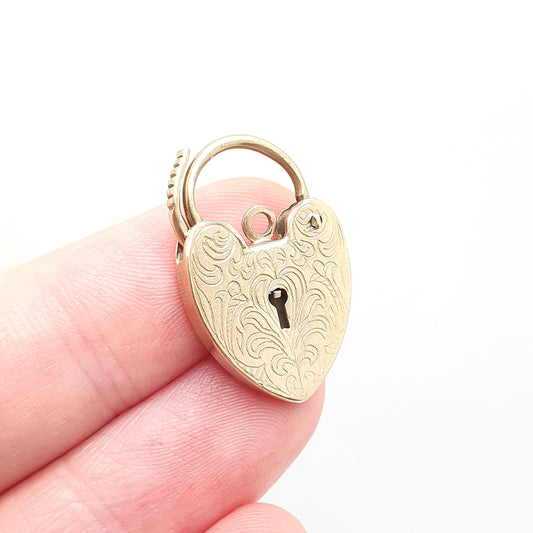 Vintage Solid Gold 9ct Padlock Bracelet Clasp Charm Engraved Large Big Necklace Pendant 1979 Hallmark Clasp Lock 9k Victorian Revival Womens