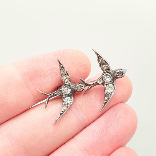 Antique Sterling Silver Victorian Paste Bird Brooch Diamond Foiled Pastes Pair of Songbirds Swallows Cute Birds Vintage 1800s Ladies Womens