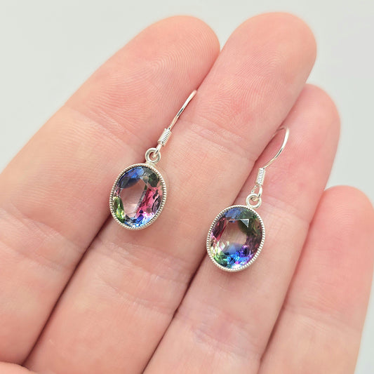 RESERVED/SOLD DON Antique Solid Silver Iris Rainbow Glass Earrings Screw Stud Art Deco Tutti Frutti Sparkly Foiled Fine Vintage