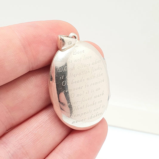 Vintage Sterling Silver Locket Necklace Pendant Poem Sonnet 116 William Shakespeare Love is Not Love Embossed Solid 925 Jewellery Jewelry