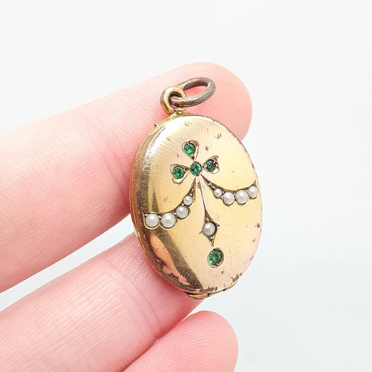 Antique Rolled Gold Locket Emerald Paste Seed Pearl Bow Necklace Pendant Victorian Yellow Filled Oval Pattern Vintage Jewellery Jewelry