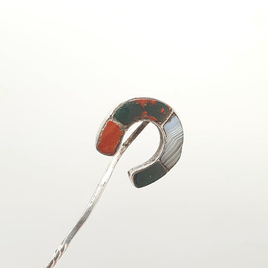 Antique Solid Silver Horseshoe Stick Pin Scottish Bloodstone Agate Jasper Victorian Scottish Lucky Good Luck Lapel Jacket Jewellery Jewelry