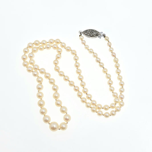 Antique Cultured Pearl Necklace Sterling Silver Marcasite Long Art Deco 50cm 19.6" 14.20g Real Genuine Pearls Vintage 1920s Jewelry