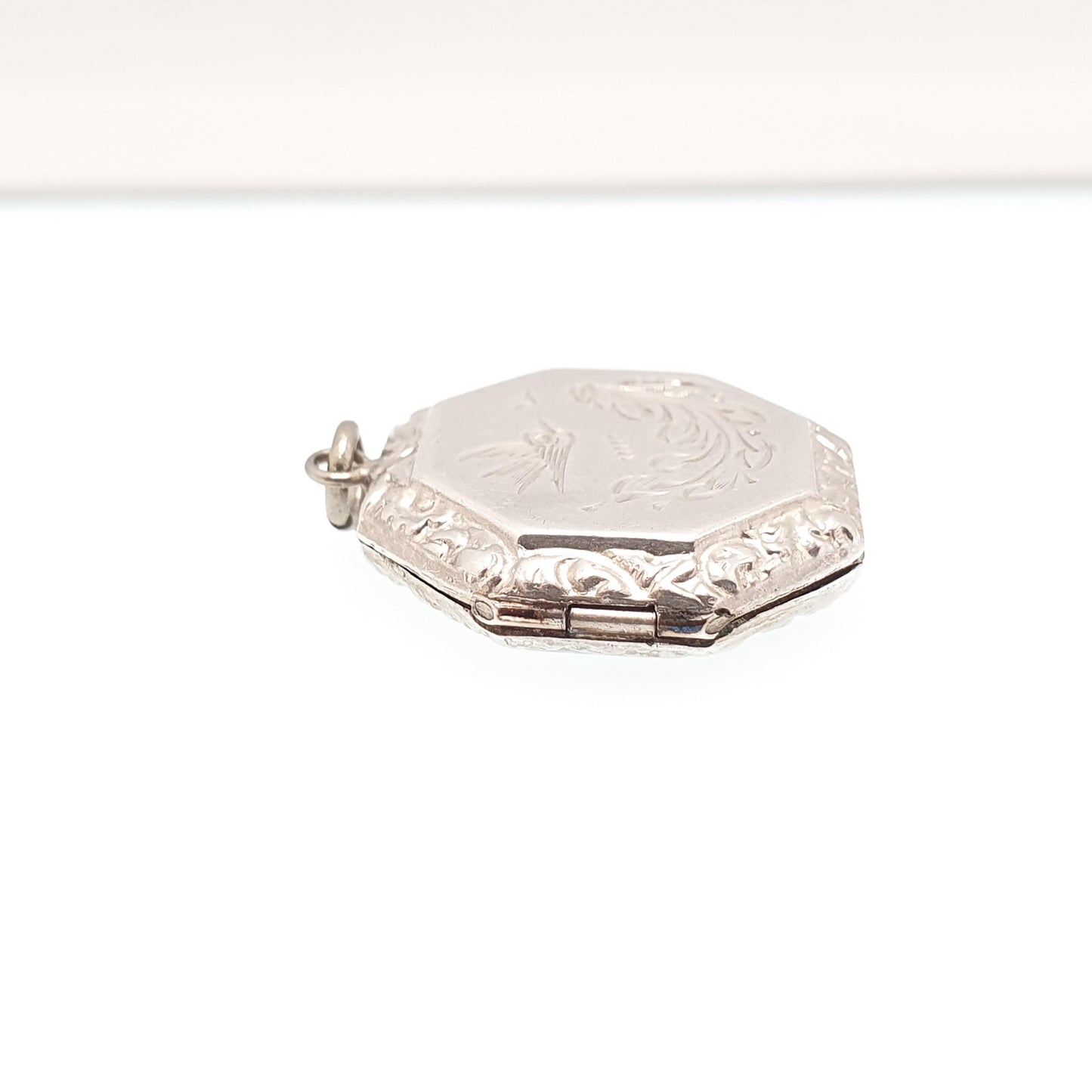 Antique Solid Silver Bird Locket Octagonal Octagon Geometric Small Cute Necklace Vintage Pendant Picture Photo Womens Jewelry Jewellery