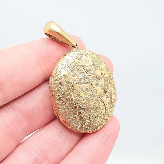 Antique Victorian Gold on Sterling Silver Locket Pendant 1879 Hallmarked Hand Engraved Large Oval Picture Photo Ornate Jewelry