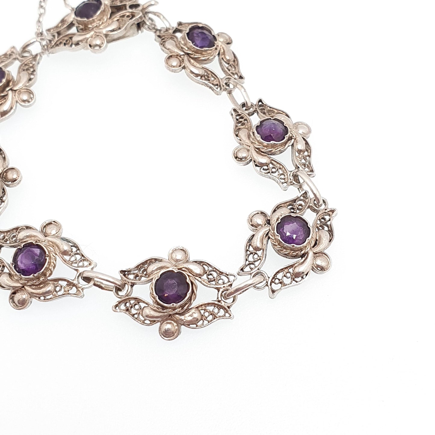 Antique Solid Silver Amethyst Bracelet Filigree Genuine Gemstone European Purple Quartz Handmade Estate Vintage Womens Jewelry Jewellery