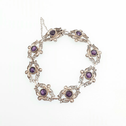 Antique Solid Silver Amethyst Bracelet Filigree Genuine Gemstone European Purple Quartz Handmade Estate Vintage Womens Jewelry Jewellery