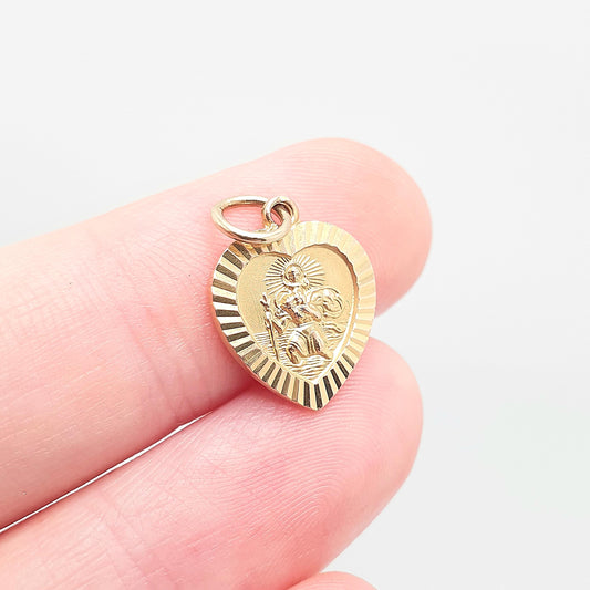 Vintage GEORG JENSEN 9ct 375 Gold St Christopher Charm Pendant Heart Shape Necklace Small Solid 9k Travel Saint Jewellery Jewelry Men Women