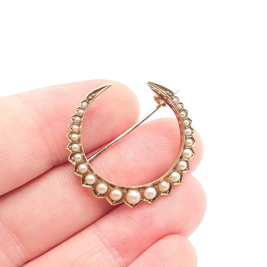 Antique Victorian 14k Gold Crescent Moon Brooch Seed Pearl Solid 14kt Pin Celestial Lucky Good Luck Large Big Womens Jewelry Jewellery