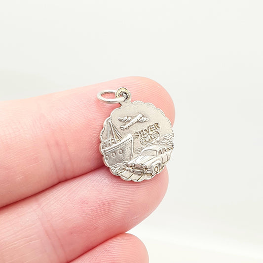 GEORG JENSEN Vintage Sterling Silver St Christopher Pendant Necklace Small Plane Car Double Sided Genuine Saint Jewellery Jewelry Women