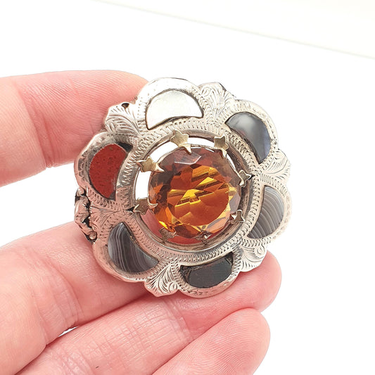 Antique Sterling Silver Scottish Brooch Citrine Paste Blue Lace Agate Victorian Jasper Solid 925 Vintage Celtic Womens Jewelry Jewellery