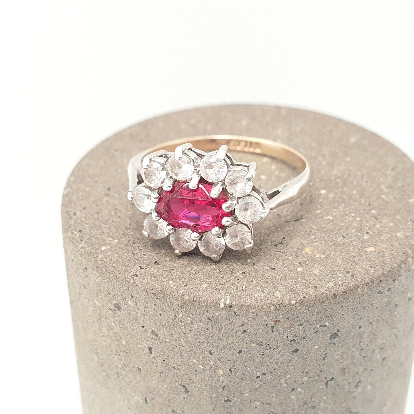 Antique 9ct Gold Ruby Paste Ring Art Deco White Spinel Sterling Silver & Solid 9k 375 1920s Vintage Cocktail Ladies Womens
