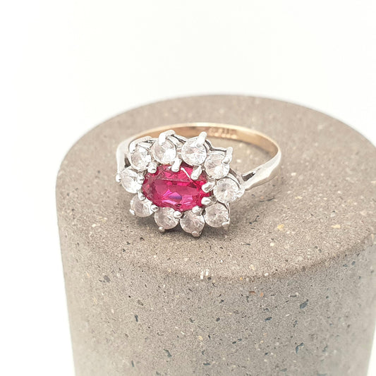 Antique 9ct Gold Ruby Paste Ring Art Deco White Spinel Sterling Silver & Solid 9k 375 1920s Vintage Cocktail Ladies Womens