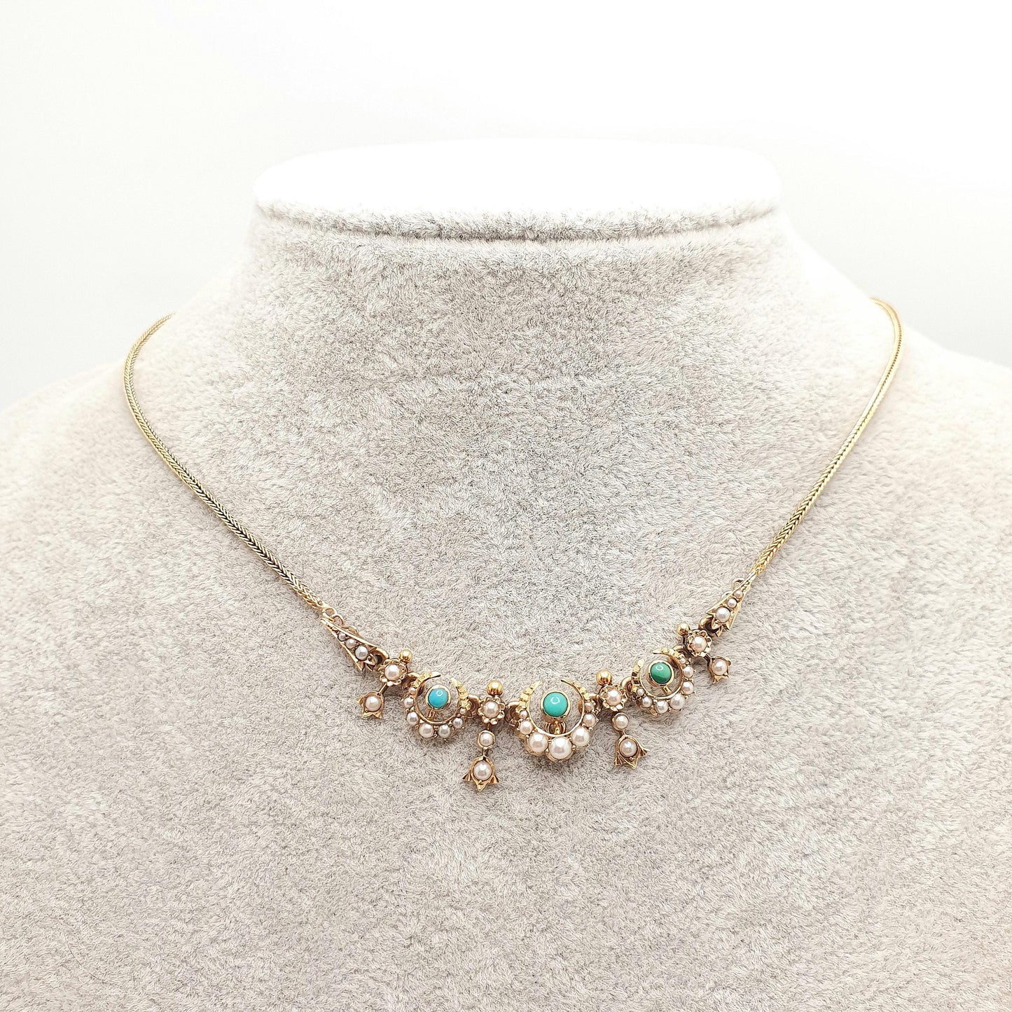 Antique Victorian 14k Gold Turquoise & Pearl Necklace Solid 14kt 585 Crescent Moon Celestial Gemstone Vintage Womens Jewellery Jewelry