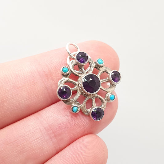 Antique Austro Hungarian Solid Silver Amethyst Pendant Turquoise Victorian Necklace Orante Genuine Gemstones Womens Jewelry Jewellery