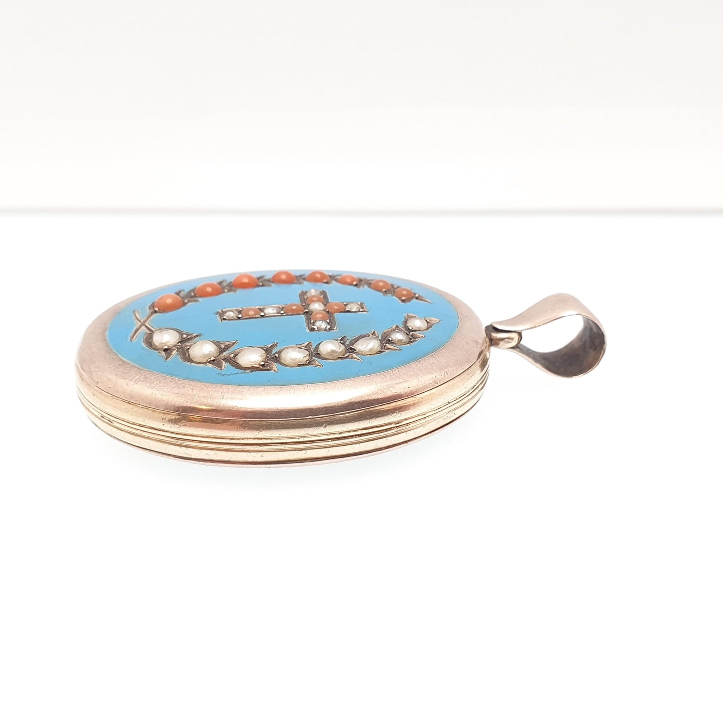 Antique Victorian 9ct 9k Gold Locket Coral & Seed Pearl Sky Blue Enamel Necklace Pendant Large Big Solid Back Front Jewelry Jewellery
