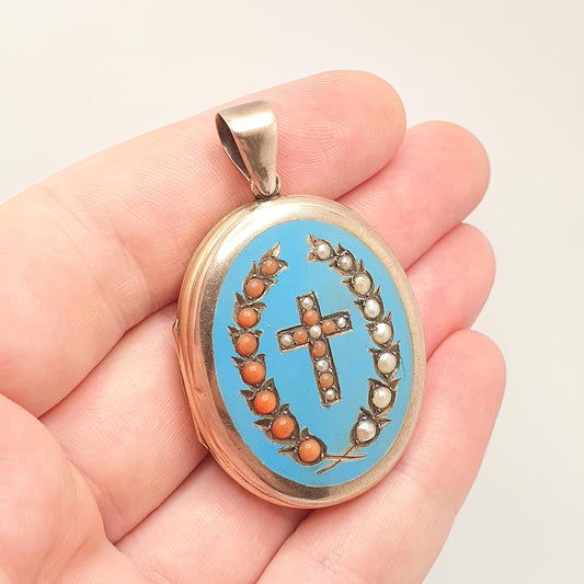 Antique Victorian 9ct 9k Gold Locket Coral & Seed Pearl Sky Blue Enamel Necklace Pendant Large Big Solid Back Front Jewelry Jewellery