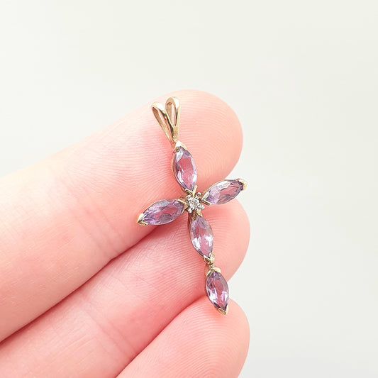 Vintage 9ct 9k Gold Amethyst & Diamond Cross Necklace Crucifix Pendant Solid 9k 375 Retro Genuine Real Gemstone Womens Jewellery Jewelry