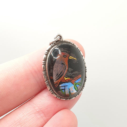 Antique Solid Silver Butterfly Wing Pendant Kingfisher Bird Painted Art Deco 1920s Necklace Morpho England 1920s Vintage Womens Jewelry