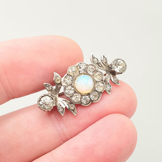 Antique Victorian Solid Silver Opal Brooch Diamond Paste White Genuine Gemstone Vintage Sparkly Rare Fine Art Nouveau Gift Jewelry Jewellery