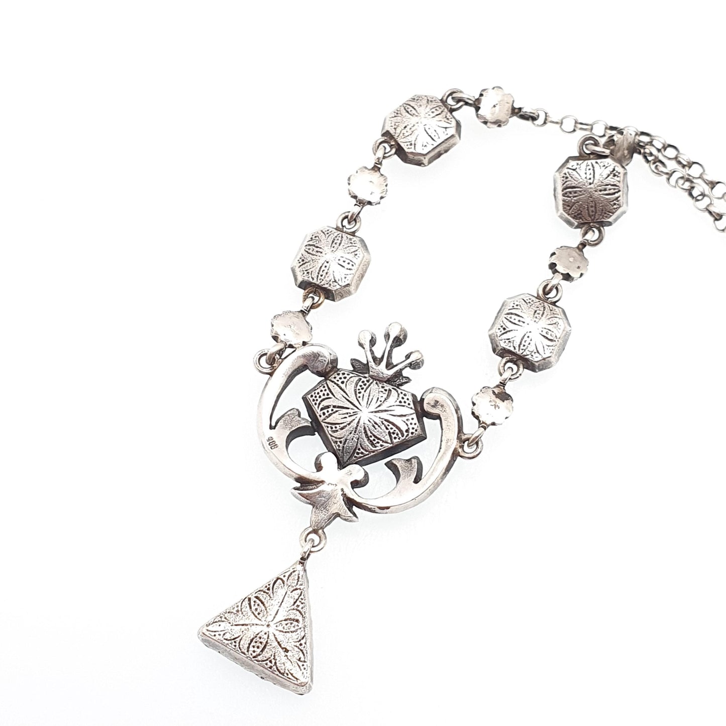 Antique Victorian Solid Silver Diamond Paste Necklace Lavalier Y Pendant Art Noueavu Sparkly Genuine Vintage Womens Jewellery Jewelry