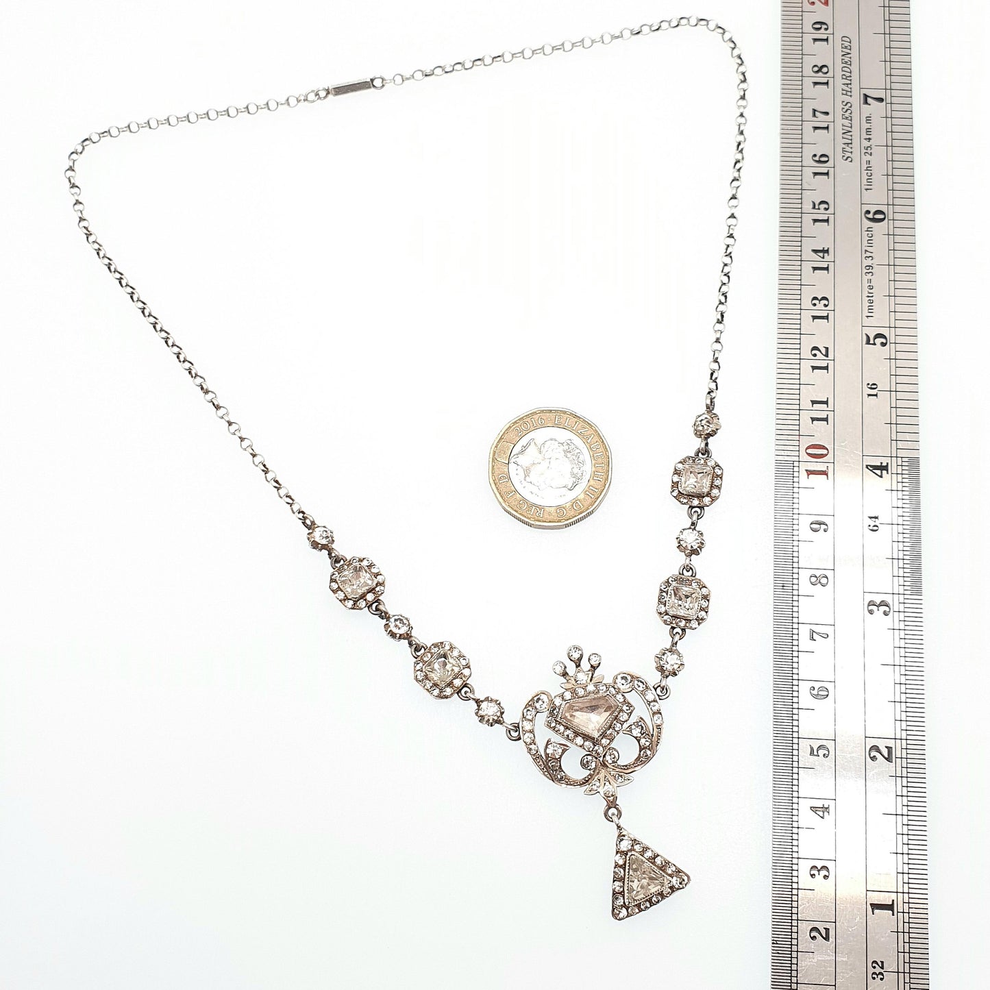 Antique Victorian Solid Silver Diamond Paste Necklace Lavalier Y Pendant Art Noueavu Sparkly Genuine Vintage Womens Jewellery Jewelry