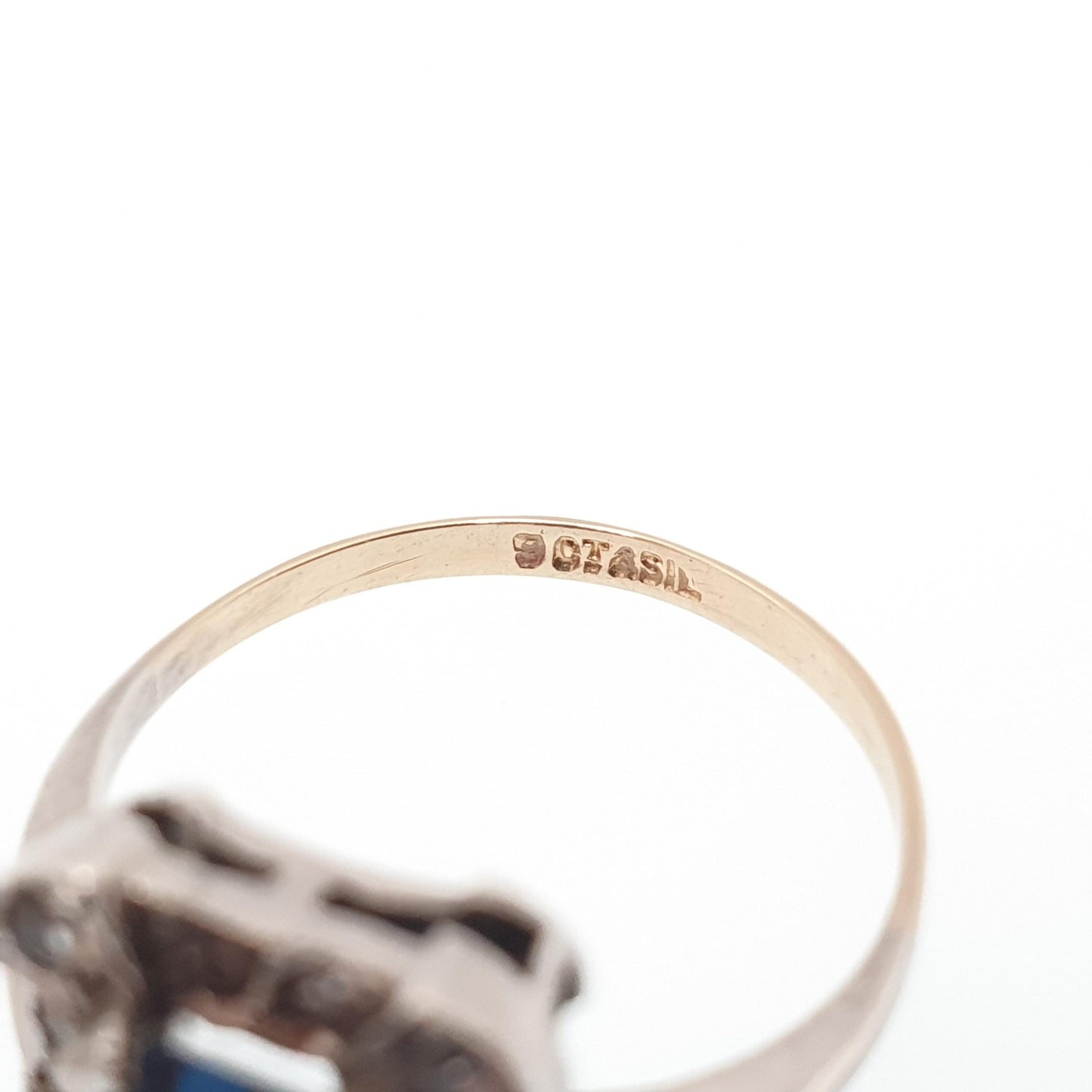 Antique 9ct 9kt Gold Sapphire Paste Ring White Spinel Gemstone Art Deco Cocktail Rectangular Cut Solid Silver Vintage Womens Jewelry
